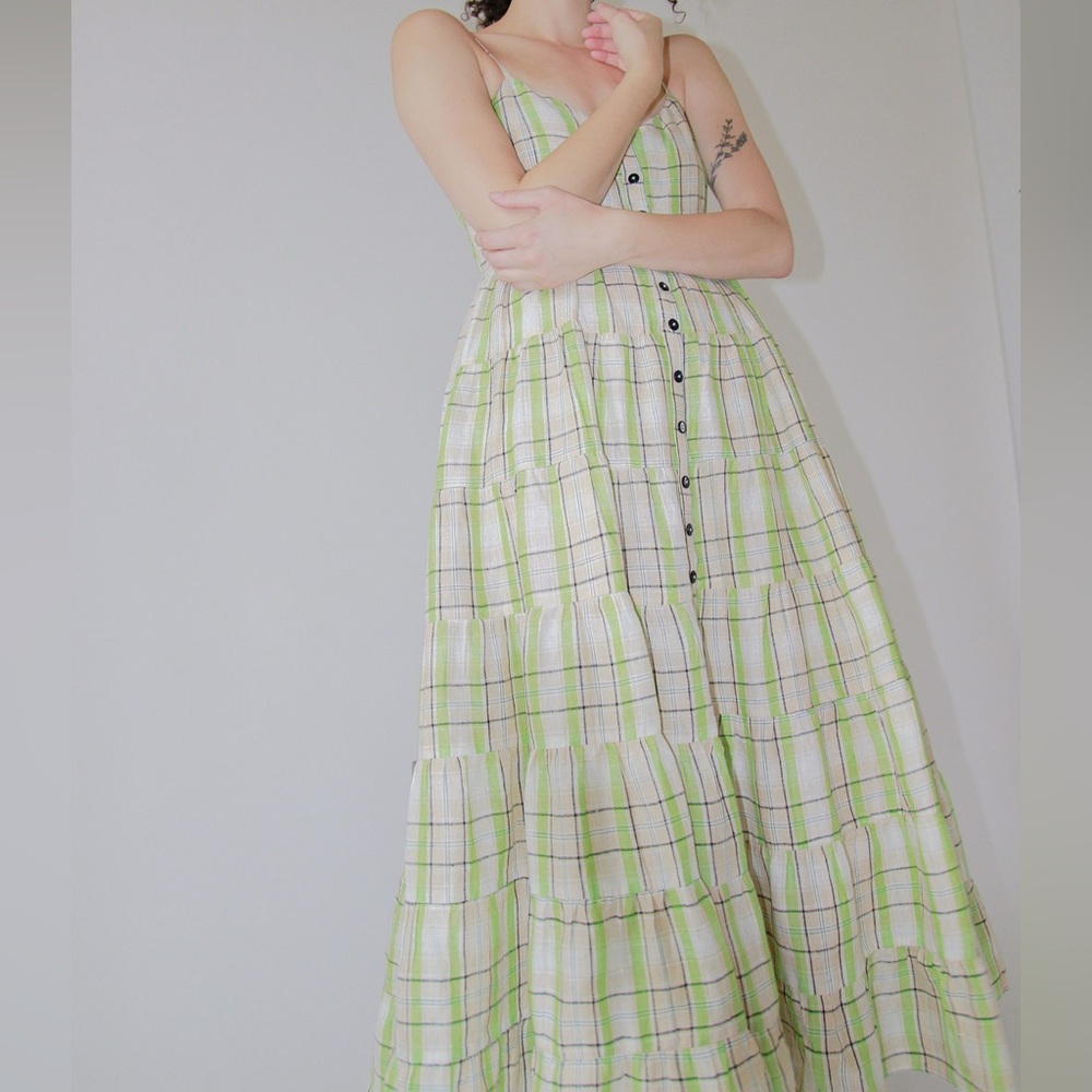 Ajaie Alaie Baila Dress green Wasabi Plaid Hand Loomed Linen Maxi Button Front